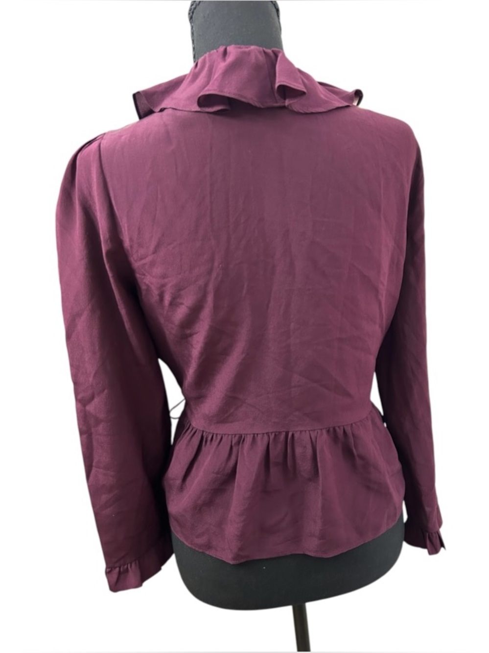 Madewell 100% Silk Women’s Small Dark Plum Ruffle Wrap Peplum Long Sleeve Top - Picture 6 of 12